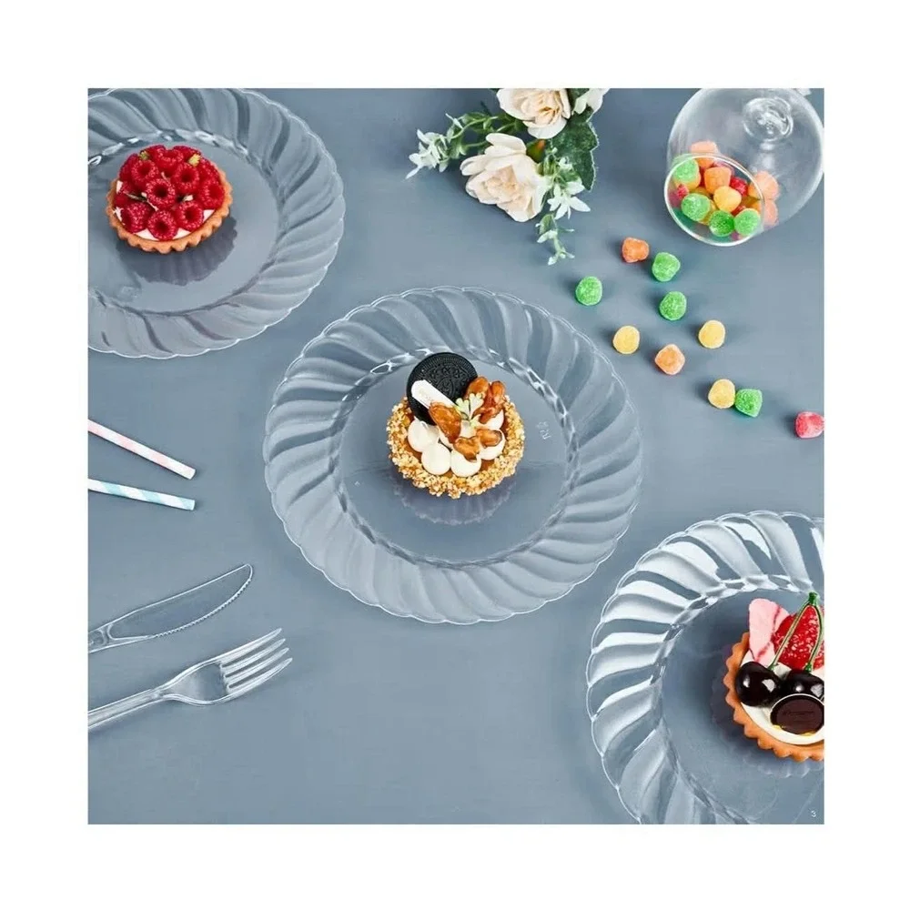 FOCUSLINE 100 Count Clear Plastic Plates 9 Inch, Disposable Heavy Duty Dinner...
